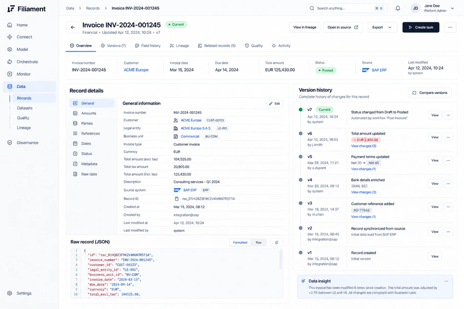 One invoice record with its source system, its seven successive versions, and who or what changed each field.