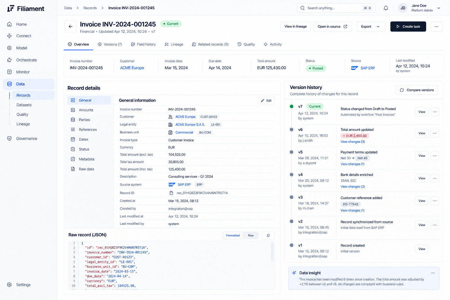 One invoice record and its version history, full size.